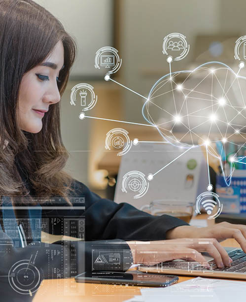 Asian businesswoman in formal suit working with computer laptop for Polygonal brain shape of an artificial intelligence with various icon of smart city Internet of Things, AI and business IOT concept