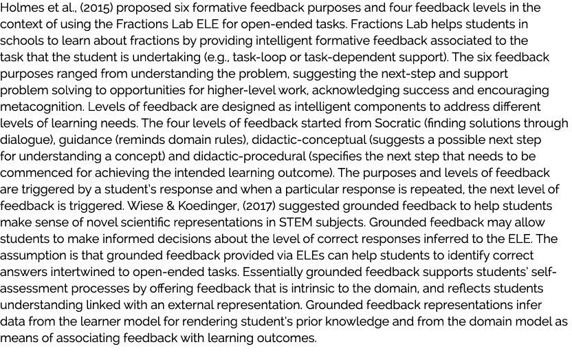 Holmes et al., (2015) proposed six formative feedback purposes and four feedback levels in the context of using the F...