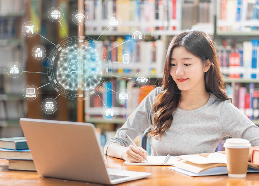 Polygonal brain shape of an artificial intelligence with various icon of smart city Internet of Things Technology over Asian young Student using technology laptop in library of university