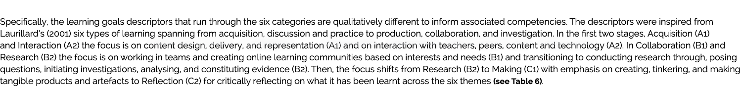  Specifically, the learning goals descriptors that run through the six categories are qualitatively different to info...