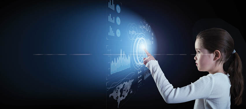 Little girl touching virtual interface button on dark background