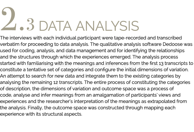 2.3 Data analysis The interviews with each individual participant were tape-recorded and transcribed verbatim for pro...