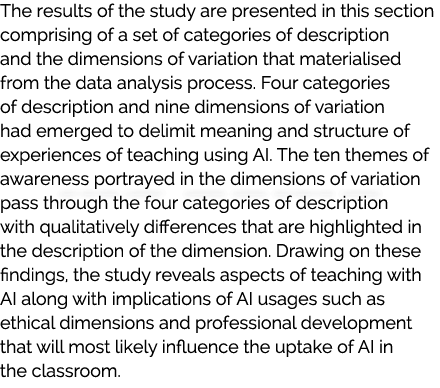 The results of the study are presented in this section comprising of a set of categories of description and the dimen...