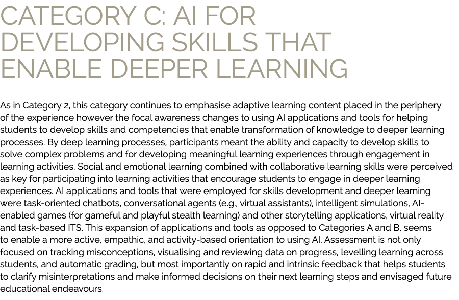 Category C: AI for developing skills that enable deeper learning As in Category 2, this category continues to emphasi...