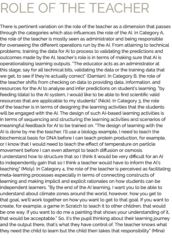 Role of the teacher There is pertinent variation on the role of the teacher as a dimension that passes through the ca...