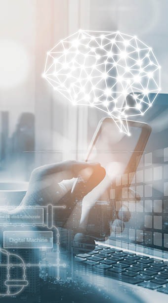 Artificial Intelligence AI, Internet of Things IoT. Business man using laptop computer on technology background, big data, deep learning, smart phone chatbot application, 4.0 industrial technology