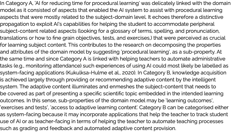 In Category A, ‘AI for reducing time for procedural learning’ was delicately linked with the domain model as it consi...