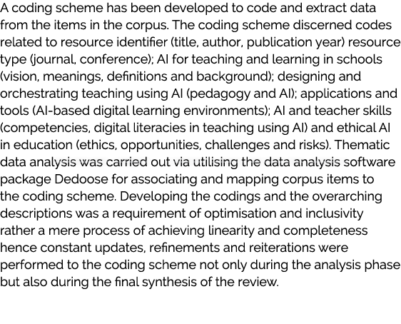 A coding scheme has been developed to code and extract data from the items in the corpus. The coding scheme discerned...
