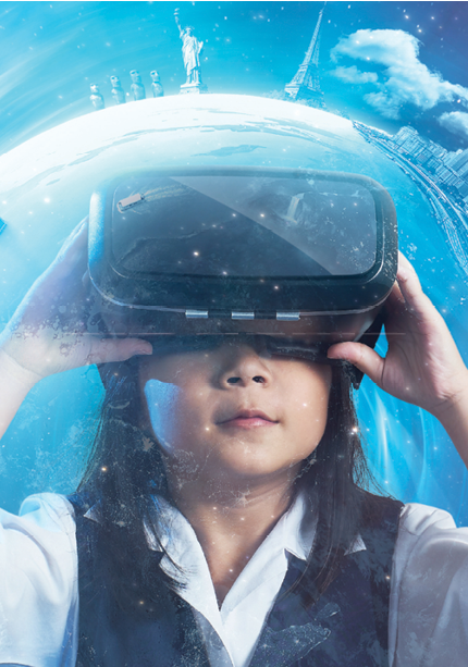 Little asian cute girl wearing virtual reality goggles with amazing cosmic futuristic space virtual imaging background .