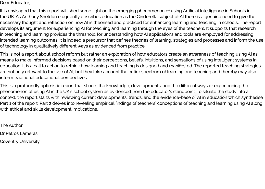 Dear Educator, It is envisaged that this report will shed some light on the emerging phenomenon of using Artificial I...