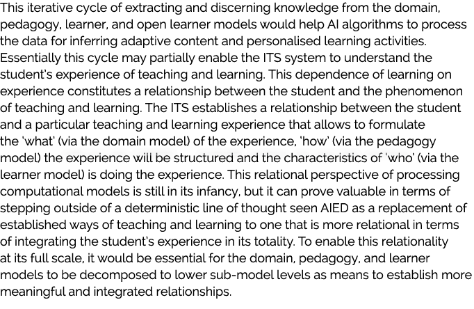 This iterative cycle of extracting and discerning knowledge from the domain, pedagogy, learner, and open learner mode...