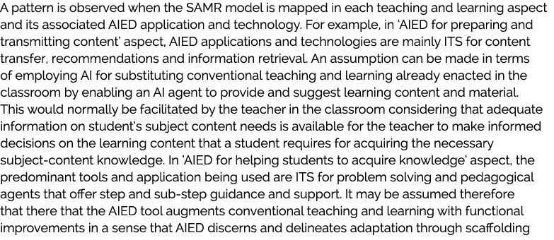  A pattern is observed when the SAMR model is mapped in each teaching and learning aspect and its associated AIED app...
